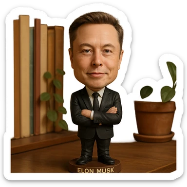 realistic features bobblehead of Elon Musk wearing a suit and tie sticker
