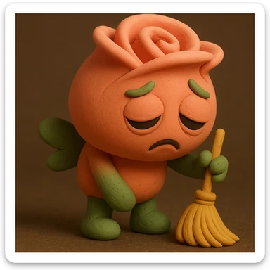 Change the hand color to green, keeping everything else the same. Maintain the claymation style, soft pink rose flower character with droopy eyes, exhausted face, slumped posture, and tiny broom. sticker