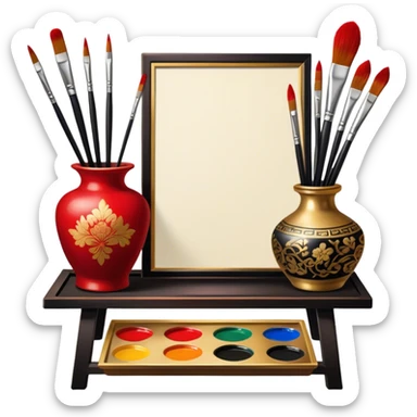 Chinese metal painting icon, delicate Chinese patterns painted on a metal vase, visible fine paintbrush, paint pots, and accessories like porcelain palette and cloth, vibrant colors like red, gold, and black, minimalistic style, clean lines, transparent background. sticker