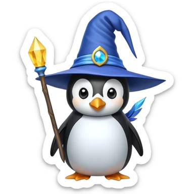 Penguin wearing a wizard hat and holding a magic wand sticker