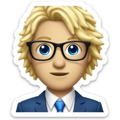 make a blue suit with spikes on the shoulders with a white blouse and a blue tie with the European flag on it person with blonde hair and black glasses sticker