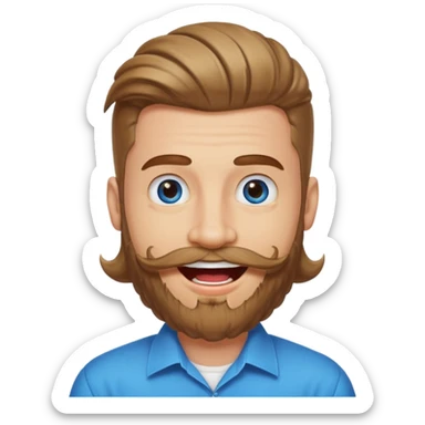 25 year old man, manicured beard, moustache and flavor savor, brown puffy mullet, blue eyes, big smile, white teeth, big lips, pronounced jaw sticker