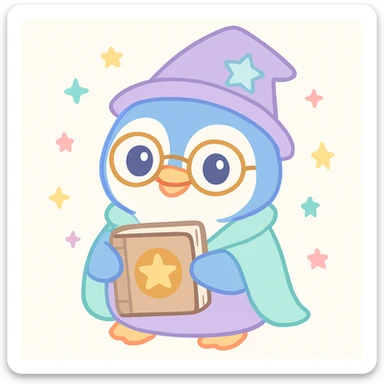 a cute wise penguin wizard with glasses holding an ancient book sticker