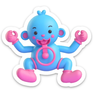 3D cartoon pacifier with arms and legs, mostly baby blue with pink accents, mischievous face sticker