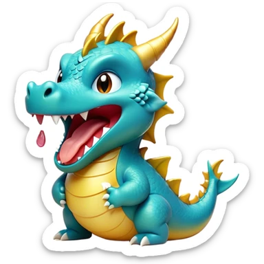 Cinematic Cute Yawning Dragon Portrait Emoji, Head tilted slightly with a dramatic, wide-open yawn, showcasing a soft, lustrous scaled body with gently drooping fins and half-closed, drowsy eyes, each scale rendered in exquisite detail under natural light; high shine, relaxed yet expressive, styled with a dash of fantastical charm, soft glowing outline, capturing the essence of a sleepy yet affectionate dragon that appears ready to stretch out and rest in its enchanted lair! sticker