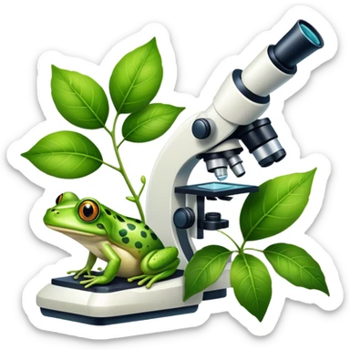 An icon featuring a DNA strand, a microscope, and a green leaf, symbolizing biology. The design includes animal cells, plant structures, and a frog, representing the study of living organisms and ecosystems. Transparent background highlights life sciences and biological research. sticker