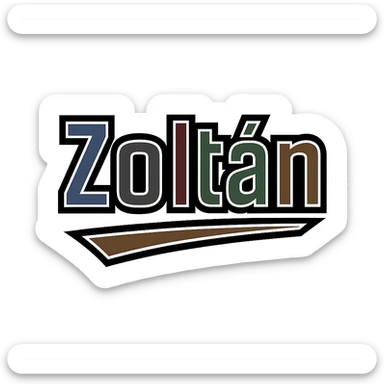 Zoltán name in masculine, modern, gradient font with precise Hungarian characters, dark outline, extra thick, prominent white border as in reference images, dynamic slanted underline, masculine color shades (blue, gray, burgundy, green, brown), 1000x1000 px, PNG, transparent background sticker