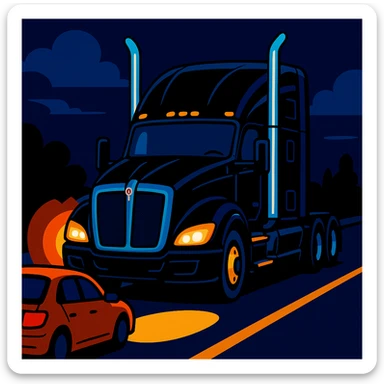2026 Black Kenworth T680 Sleeper semi truck with tall chrome muffler stacks, headlights on, driving down a road with a car in front, stylized illustration, night scene sticker