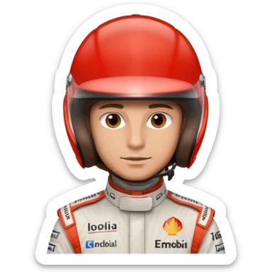 Man, brown eyes, brown silky hair, lightly tanned, wearing a formula one outfit sticker