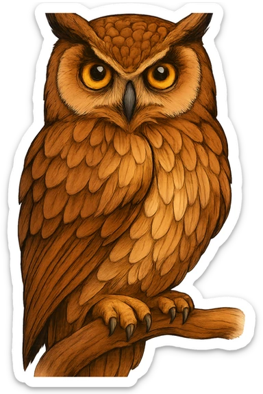 Paint the owl from the reference image in a drawn style with clear fills, detailed shadows and highlights, natural brown and beige tones, and expressive yellow eyes. Use simple contours and create volume through shadows and highlights, avoiding realism but keeping a hand-drawn look. sticker