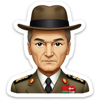 Mustafa Kemal Atatürk (statesman) in traditional hat – Cinematic Realistic Portrait of Mustafa Kemal Atatürk, depicted in dignified traditional attire with a distinctive hat, a resolute and visionary expression illuminated by warm, historic lighting, rendered with rich textures that evoke his transformative leadership. sticker