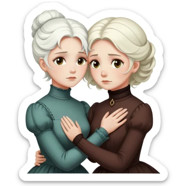 two Victorian women with light eyes, one with bright white coiffed hair and one with dark copper coiffed hair, wearing Victorian turtleneck dresses, embracing in a sad, intimate hug sticker