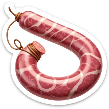 raw Toulouse sausage coiled in a loose open spiral, thick pale pink with fine marbling, smooth natural casing, one visible end tucked toward center, slight gloss, rustic handmade appearance, soft lighting, subtle shadows, emoji scale sticker