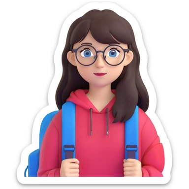 teenage girl with long dark brown hair, bangs, blue eyes, round glasses with thin black frames, wearing a backpack sticker