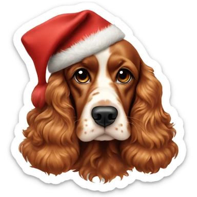 A full-length, adult, red cocker spaniel in a New Year's cap, siting sticker