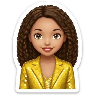 Logan Browning with long dark brown hair, yellow sequin outfit sticker