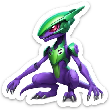 a purple-green Genesect-Raptor-Fakémon—hybrid with a futuristic visor-helmet full body sticker