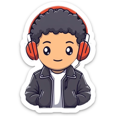 curly haired boy wearing a leather jacket and headphones music producer sticker
