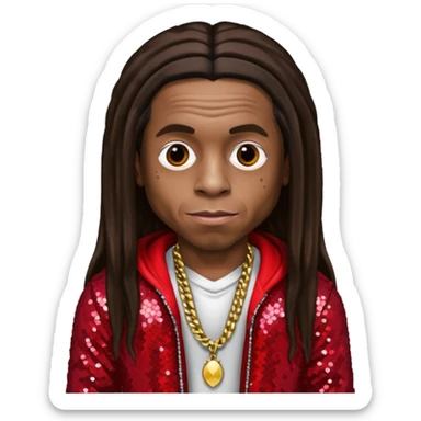 Lil Wayne with long dark brown hair, red sequin outfit sticker