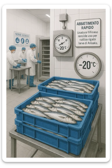 a fish processing facility where freshly caught fish are placed on trays and moved into a large industrial freezer. A temperature gauge shows -20°C, and an educational label explains that rapid freezing (abbattimento) is used to kill Anisakis larvae. The background includes workers in protective clothing and clear signage about food safety. in italiano sticker