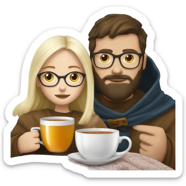 Pale blonde girl wearing glasses drinking tea under blanket with bearded brunette man sticker