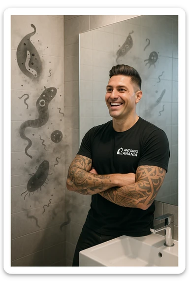 a man stands in a brightly lit bathroom, looking relieved and revitalized as he examines his reflection in the mirror. In the foreground, stylized, shadowy images of parasites (such as worms or protozoa) are shown leaving his body, dissolving into mist or fading away. His posture is upright and his expression is one of newfound energy and health. sticker