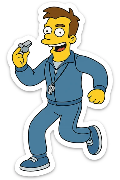 fitness trainer in Simpsons cartoon style, yellow skin, athletic build, blue tracksuit, holding a whistle, energetic pose sticker