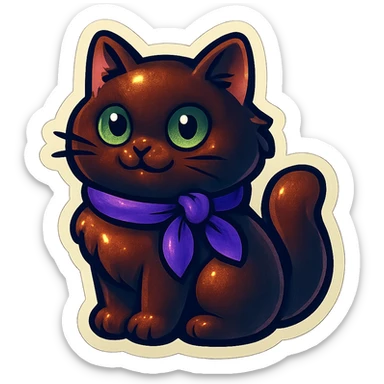Fluffy meowing cute dark-brown cat with green eyes and a purple scarf  sticker