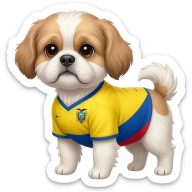white and light brown shih zhu wearing a Ecuador soccer jersey v neck 2026 work cup sticker