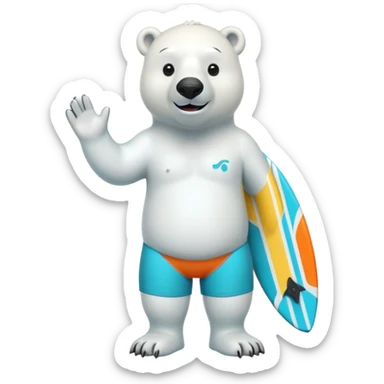 friendly anthropomorphised polar bear standing upright, smiling, wearing colorful surf board shorts and full scuba mask with snorkel sticker