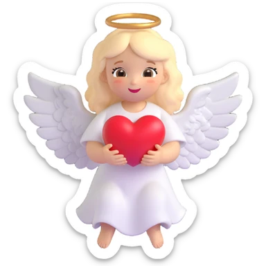 cute angel holding a red heart, Microsoft fluent style, soft shading, golden halo, white wings, joyful expression sticker