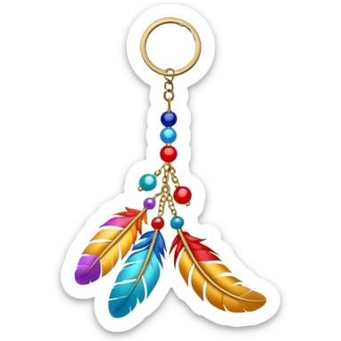 Keychain with big hanging feather and beads and Pom-poms attached    sticker