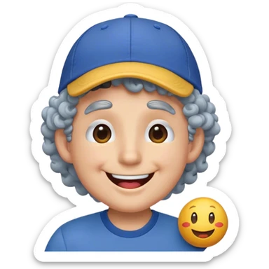 a yellow faced emoji, simple style, big smile, winking, blue ball cap on backwards, cartoon, curly grey hair sticker
