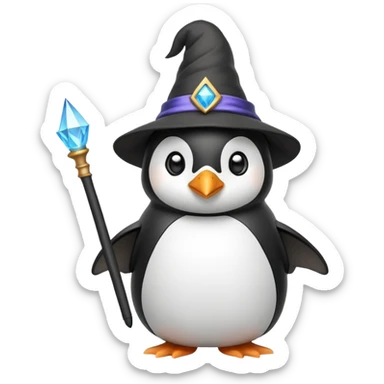 Penguin wearing a wizard hat and holding a magic wand sticker