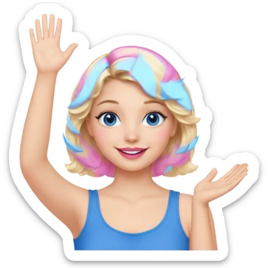 Girl Blonde short wavy hair,  blue eyes, cute blue top, long lashes, pink lips, smiling, one hand in the air sticker