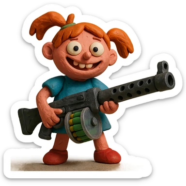 funny, positive stalker girl named Businka with a huge machine gun sticker