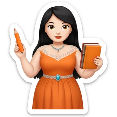  plus-size White woman is wearing makeup. She has long, straight, waist-length black hair and is wearing a full-body orange dress with rhinestones and lace. Her nails are painted orange. She is holding a book in one hand and a crayon in the other. A chalkboard is behind her. sticker