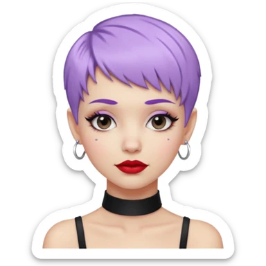 white girl with pastel purple pixie cut, black choker, red lipstick, lip ring, raised eyebrows, smirking, stylish and trendy sticker