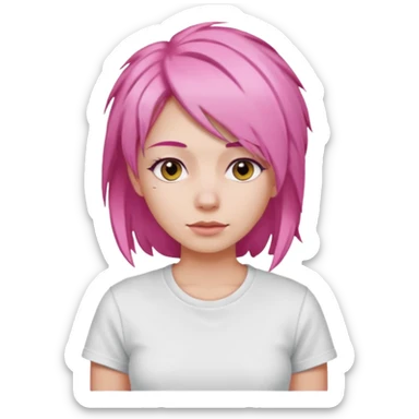a woman with layered pink hair, wearing white t-shirt sticker