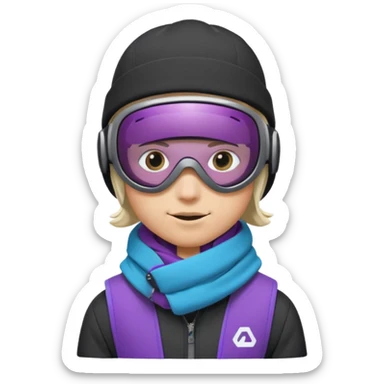 Pro Snowboarder with white and grey beanie, ONE pair of purple and blue frameless goggles on and a black jacket sticker