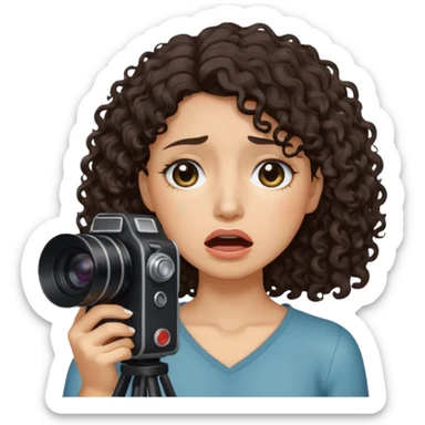 Woman with shoulder length dark curly hair holding a camera crying sticker