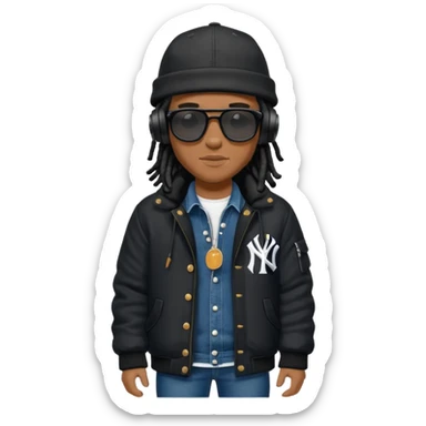 African American man with shoulder length black dreadlocks and black sunglasses wearing a black New York Yankees baseball hat wearing a black bubble winter coat with denim skinny jeans and timberland boots wearing headphones sticker