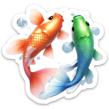  Two realistic koi fish, one green & blue, the other pink & white, swimming into each other, ying yang, Pisces fish, cloudy, water, dreamy, bubbles, iridescent sticker