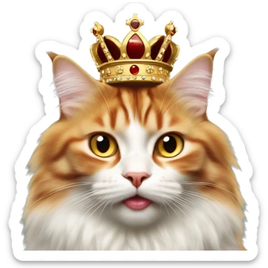 red and white Siberian cat with amber eyes in a crown shows tongue sticker