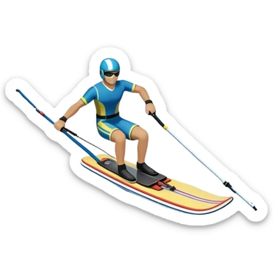 humanless icon showing water skis on the surface of the water, with the skis cutting through the waves, and a distant boat in the background creating a wake. The design highlights the smooth, dynamic motion of water skiing. Transparent background emphasizes the thrill of the sport sticker