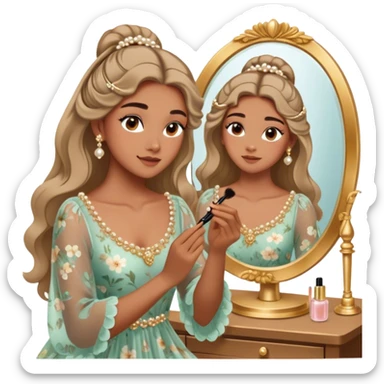  Middle Eastern-inspired moment of a woman getting ready in front of a mirror. She wears a delicate floral dress with sheer, flowy sleeves, accessorized with gold jewelry and traditional pearl-adorned hair clips. Her  as she applies mascara, her reflection revealing a soft smile.  sticker