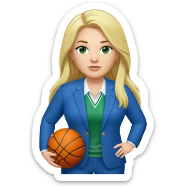 Full Body white plus size female basketball head coach with long blonde hair in a blue and green suit sticker