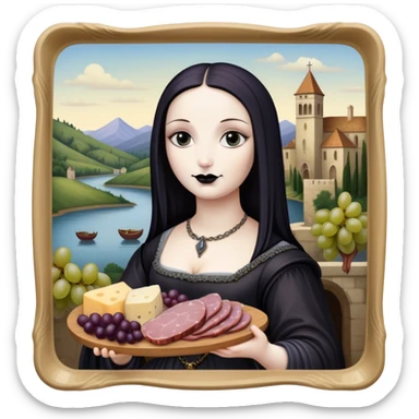  goth mona lisa with SPAM MEAT charcuterie and fruit tray renaissance landscape sticker