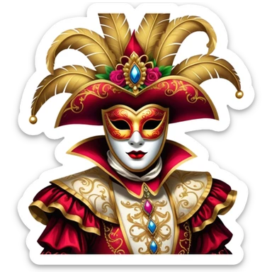 Venice Carnival performer – Cinematic Realistic Venice Carnival Performer, depicted in an opulent, elaborately masked costume with rich textures, vibrant colors, and dramatic, soft lighting, set against the historic backdrop of Venetian canals, capturing the mystery and extravagance of the carnival. sticker