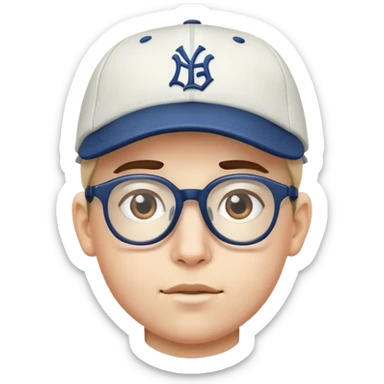boy with glasses and baseball cap sticker